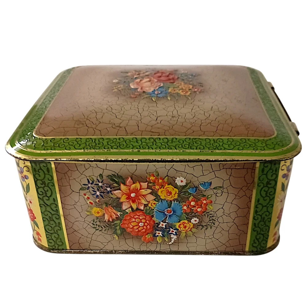 Vintage Tin Container Green Floral Hinged Square Made In Holland Victorian Style